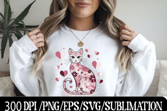 Download Floral Cat Design with Heart Accents - Design Collection