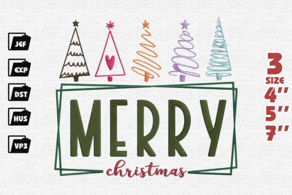 Download Modern Framed "Merry Christmas" with Whimsical Trees Embroidery Design - Design Collection