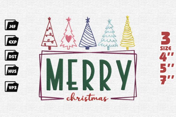 Download Modern "Merry Christmas" with Whimsical Trees Embroidery Design - Design Collection